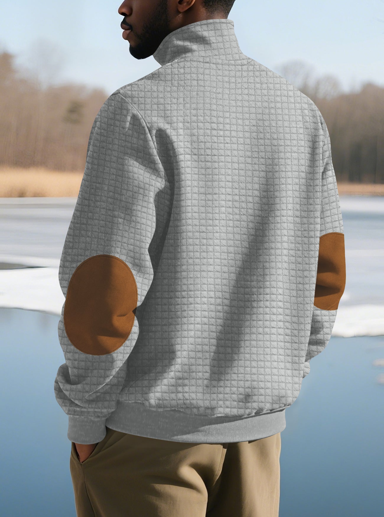gray sweatshirt with zip for men back outdoor view