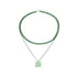 Full view of green and silver double chain necklace with enamel pendant on white background.