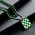 Close-up of green and silver chains with enamel checkerboard pendant.