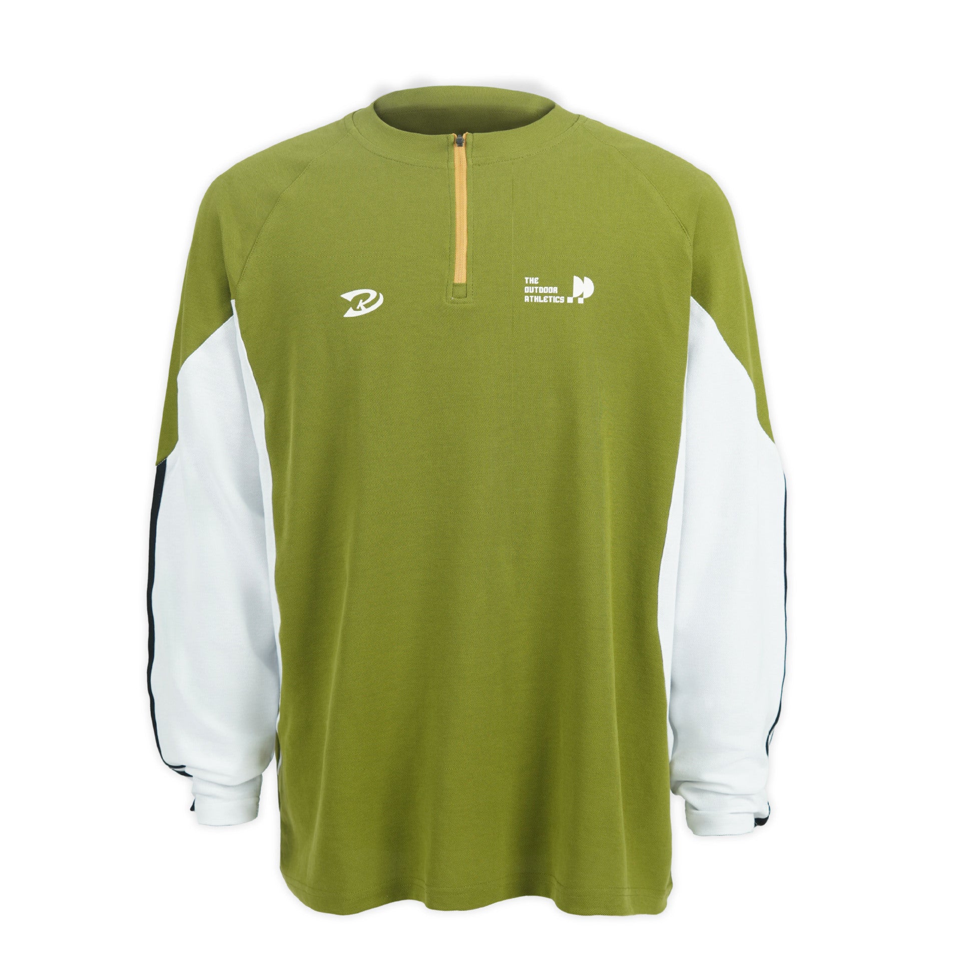 Green retro contrast long sleeve t-shirt with white sleeves and half-zip