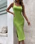 Green square-neck midi dress with sleeveless design and fitted bodycon silhouette.