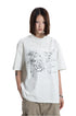 Front view of a model in a heather light grey t-shirt featuring hand-drawn rose and bird graphics.