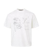Flat lay front view of a white crewneck t-shirt featuring hand-drawn rose and bird graphics with diagonal seam.