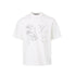 Flat lay front view of a white crewneck t-shirt featuring hand-drawn rose and bird graphics with diagonal seam.