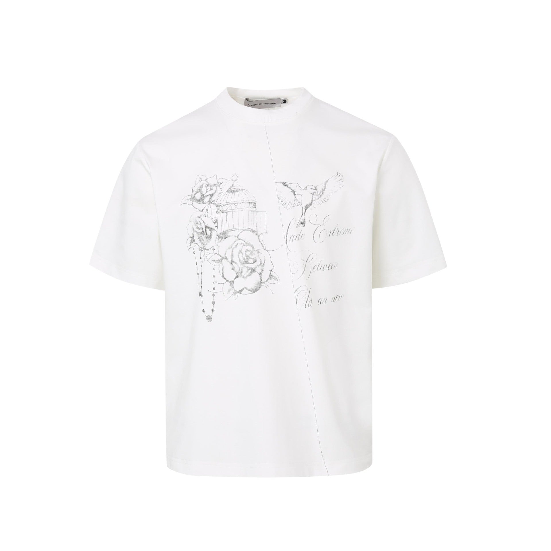 Flat lay front view of a white crewneck t-shirt featuring hand-drawn rose and bird graphics with diagonal seam.