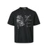 Flat lay front view of a black short sleeve t-shirt with white hand-drawn sketch artwork and contrast seam.