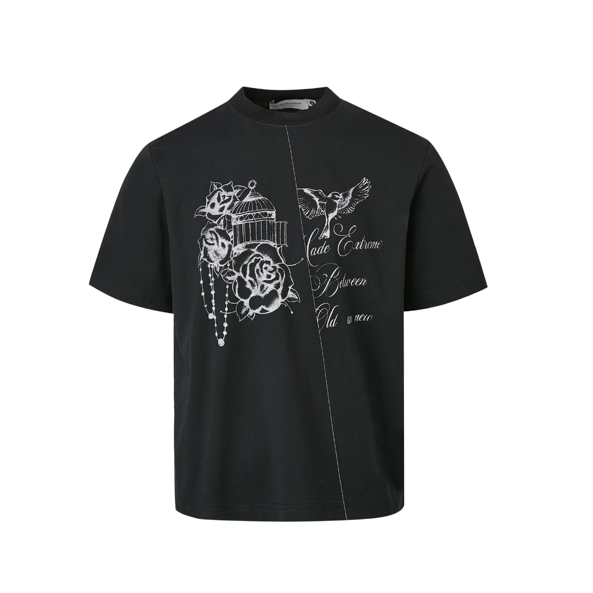 Flat lay front view of a black short sleeve t-shirt with white hand-drawn sketch artwork and contrast seam.