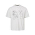 Flat lay front view of a heather grey graphic t-shirt featuring vintage sketch print and drop shoulder cut.