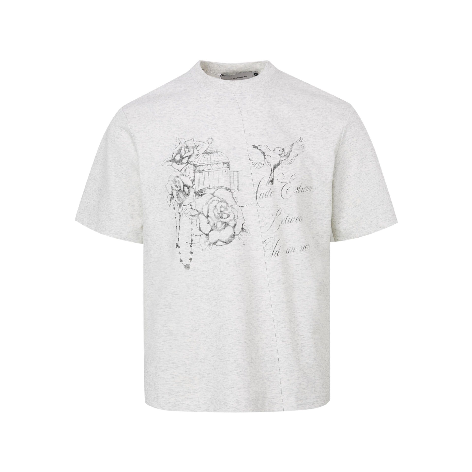 Flat lay front view of a heather grey graphic t-shirt featuring vintage sketch print and drop shoulder cut.