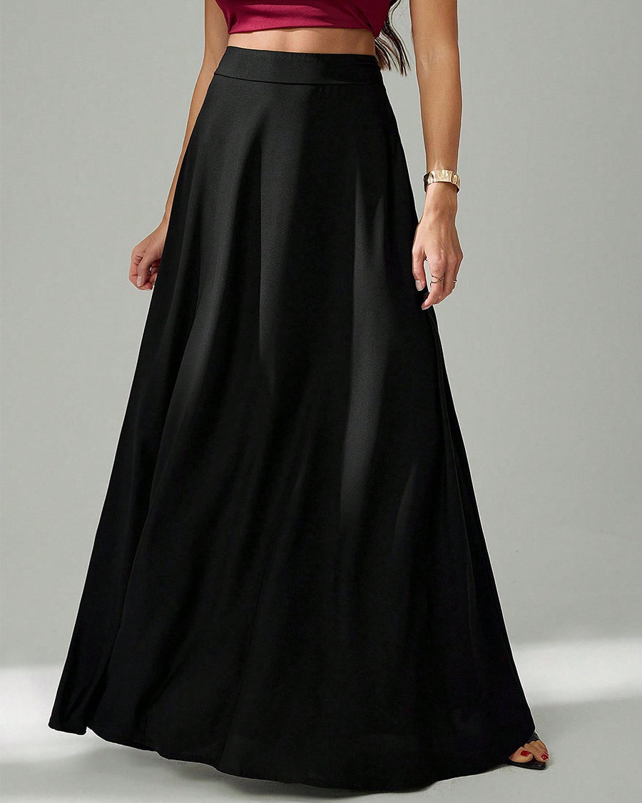 front view of high-waist black long skirt showing full A-line silhouette