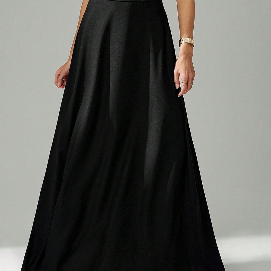front view of high-waist black long skirt showing full A-line silhouette