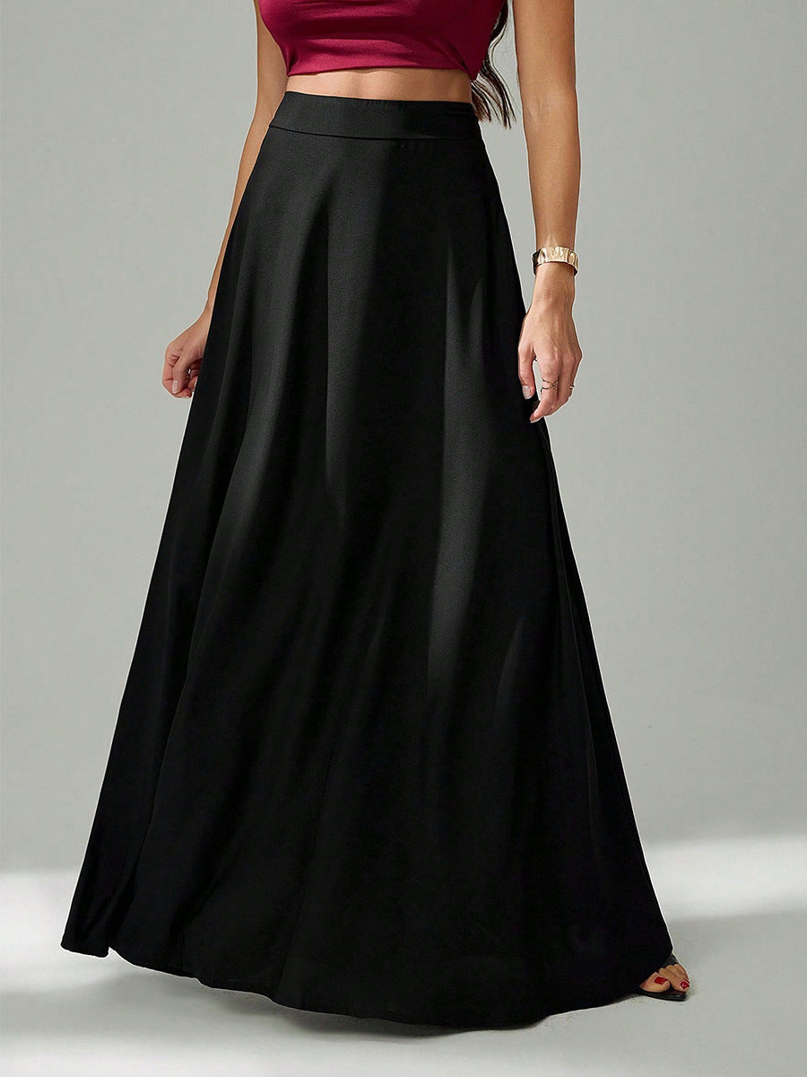 front view of high-waist black long skirt showing full A-line silhouette