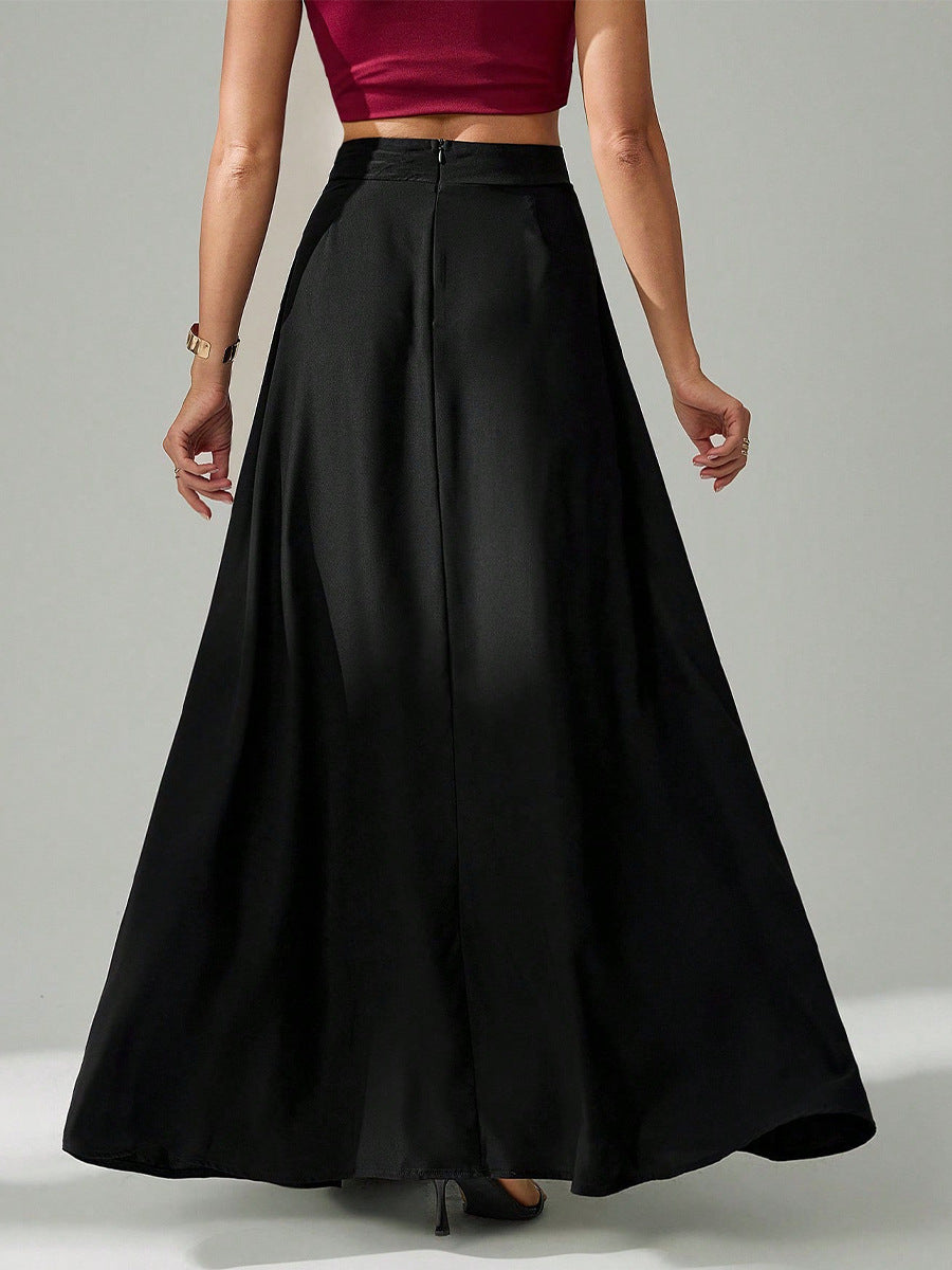back view of woman wearing high-waist black long skirt