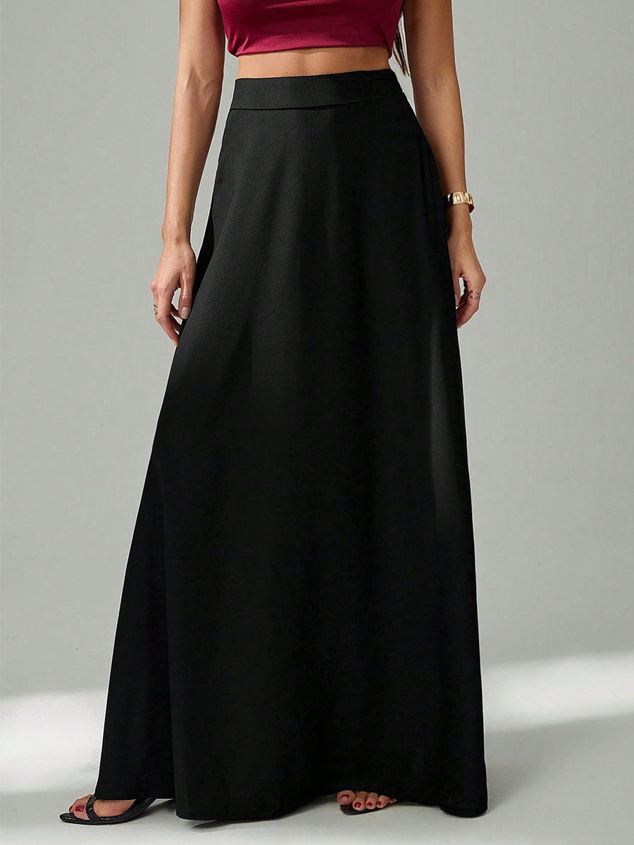 side view of woman wearing high-waist black A-line long skirt