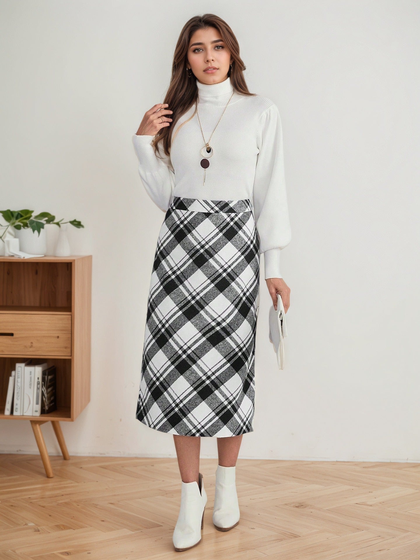 high waisted plaid a-line midi skirt fall outfit