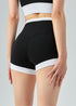 Back view of black high waisted workout shorts with white trim, highlighting contour seam