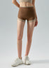 Full front view of brown high-waisted shorts with beige hem.