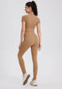 Camel brown seamless workout leggings with high waist and shaping seams.