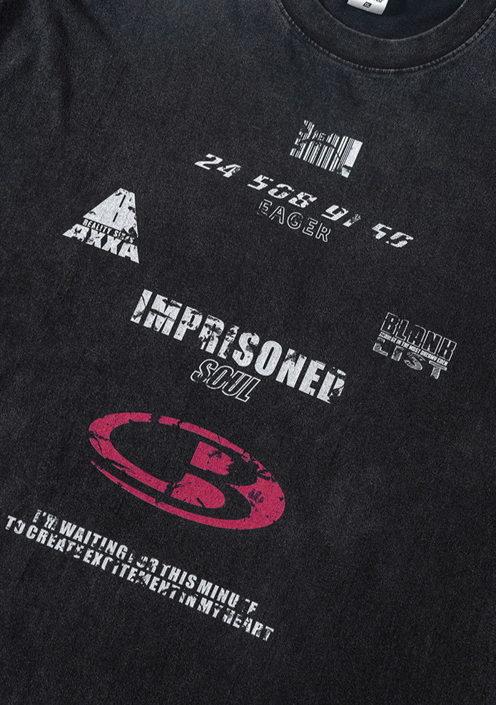 Front graphic design detail showing barcode, red symbol, and glitch text.