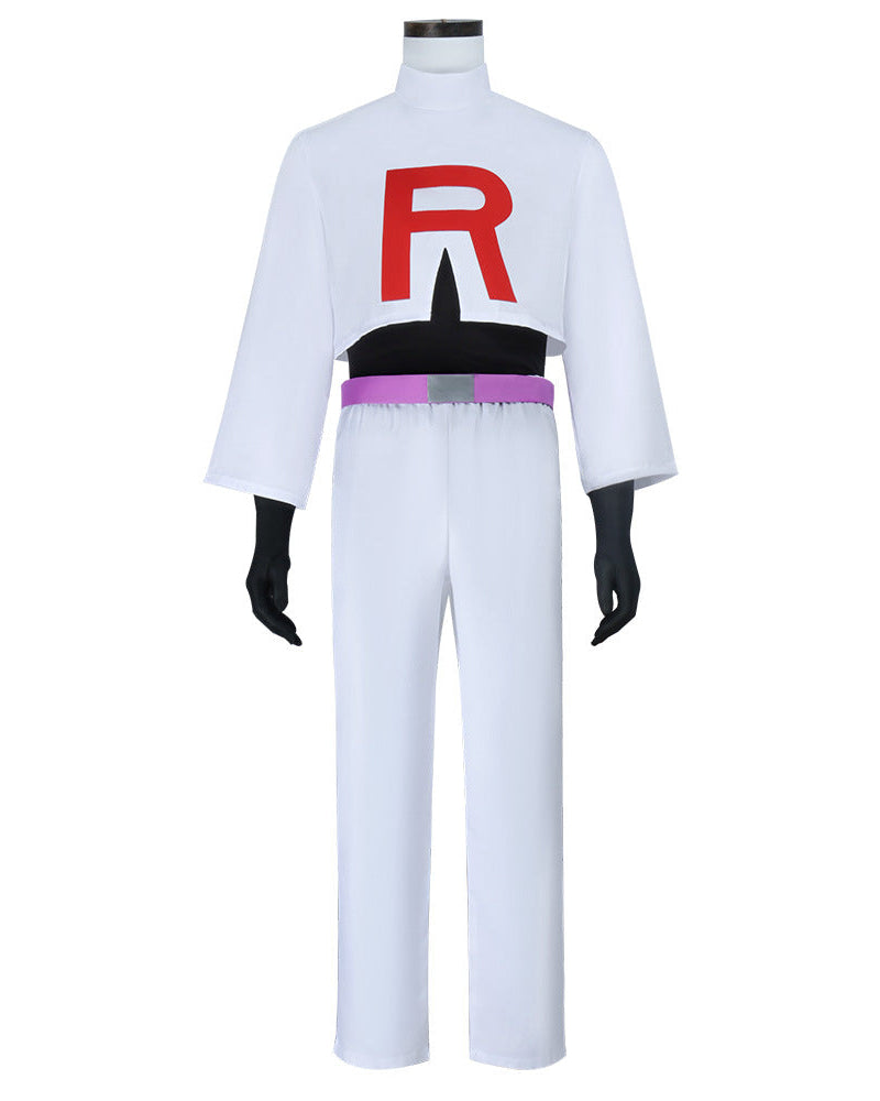 Team Rocket James anime cosplay costume full set with top pants gloves and belt front view