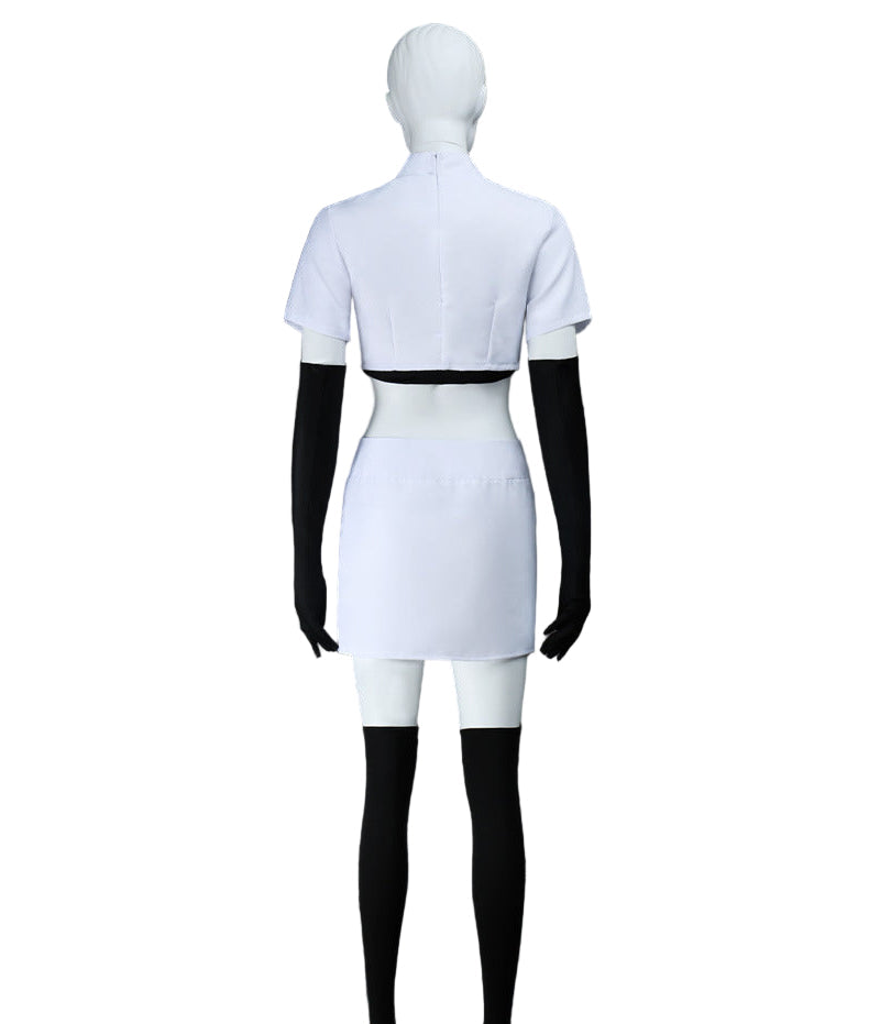 Team Rocket Jessie cosplay skirt white mini skirt halloween costume back view.