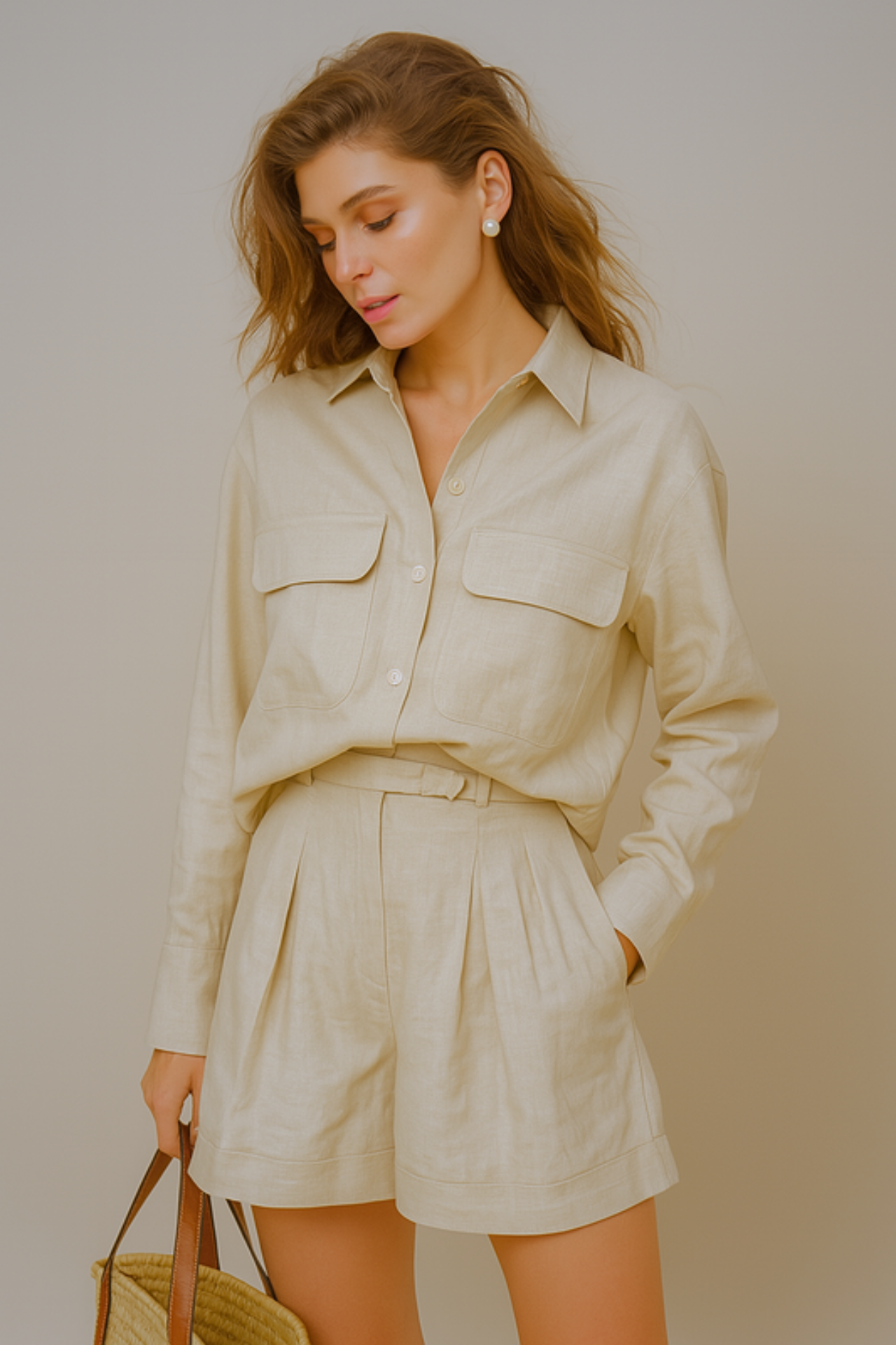 Woman wearing a khaki shirt and shorts set against a beige background
