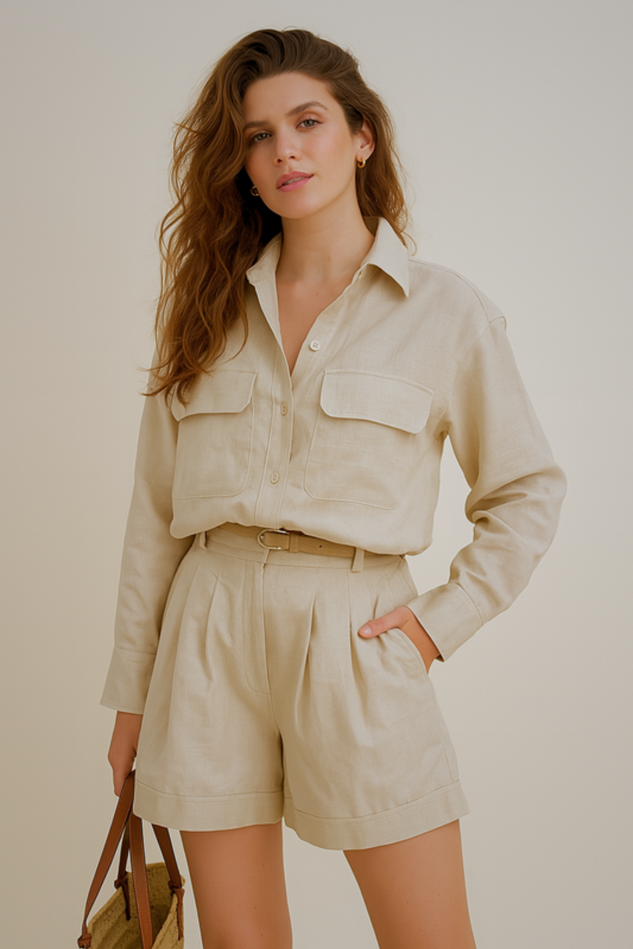 Woman wearing a khaki set with a shirt and shorts on a beige background