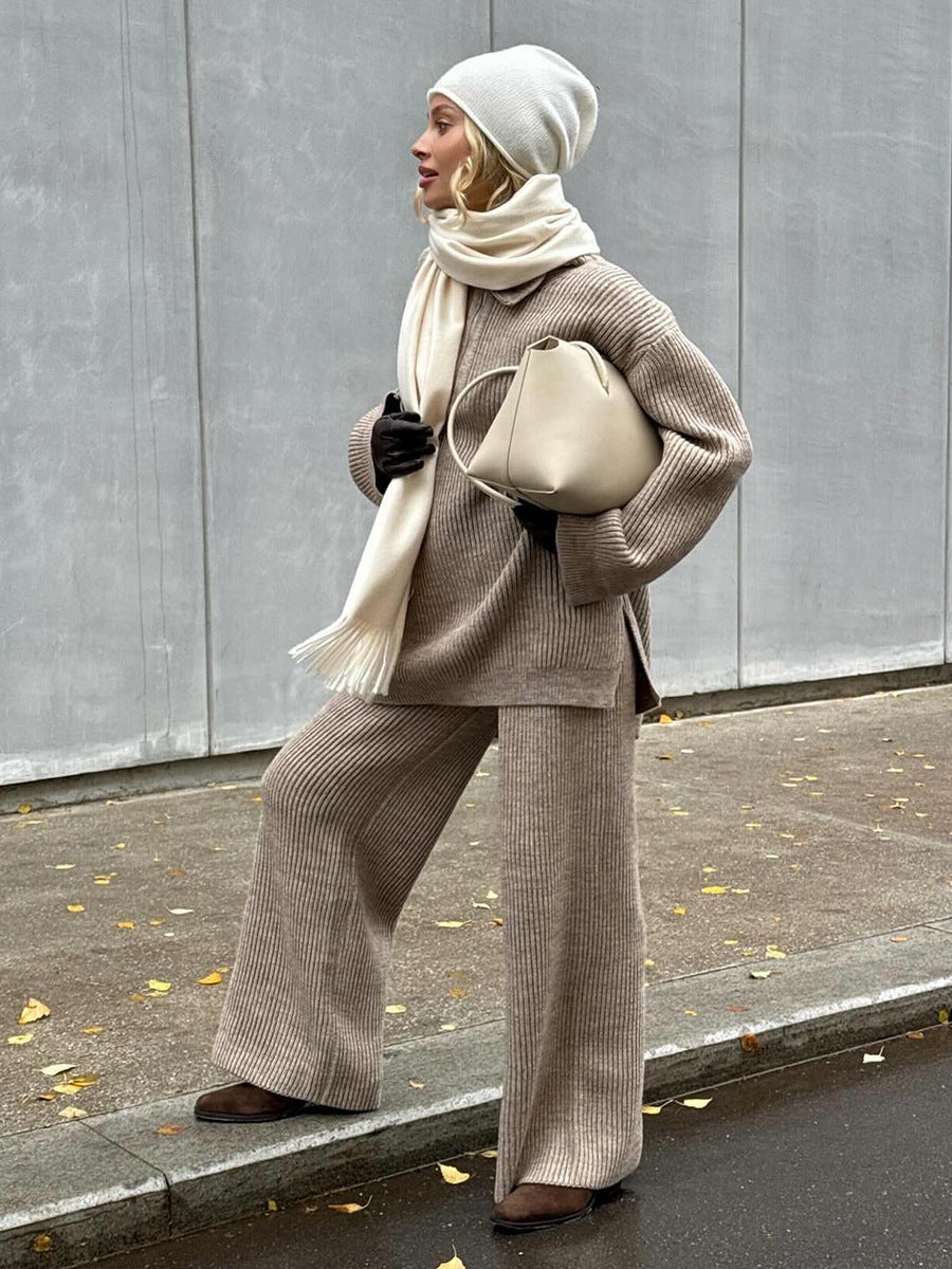 Side view of khaki half zip sweater 2 piece set styled with winter scarf