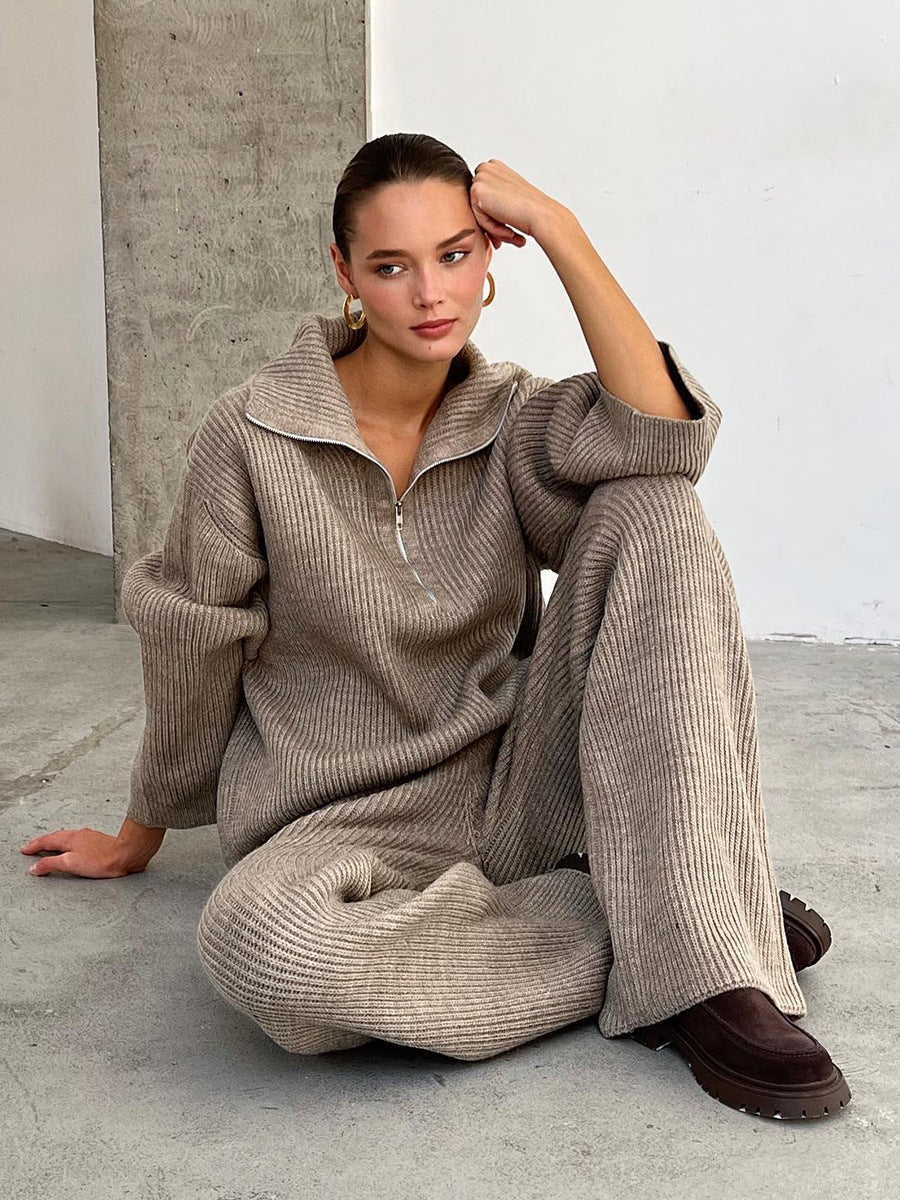 Woman in khaki half zip sweater 2 piece set with wide leg pants
