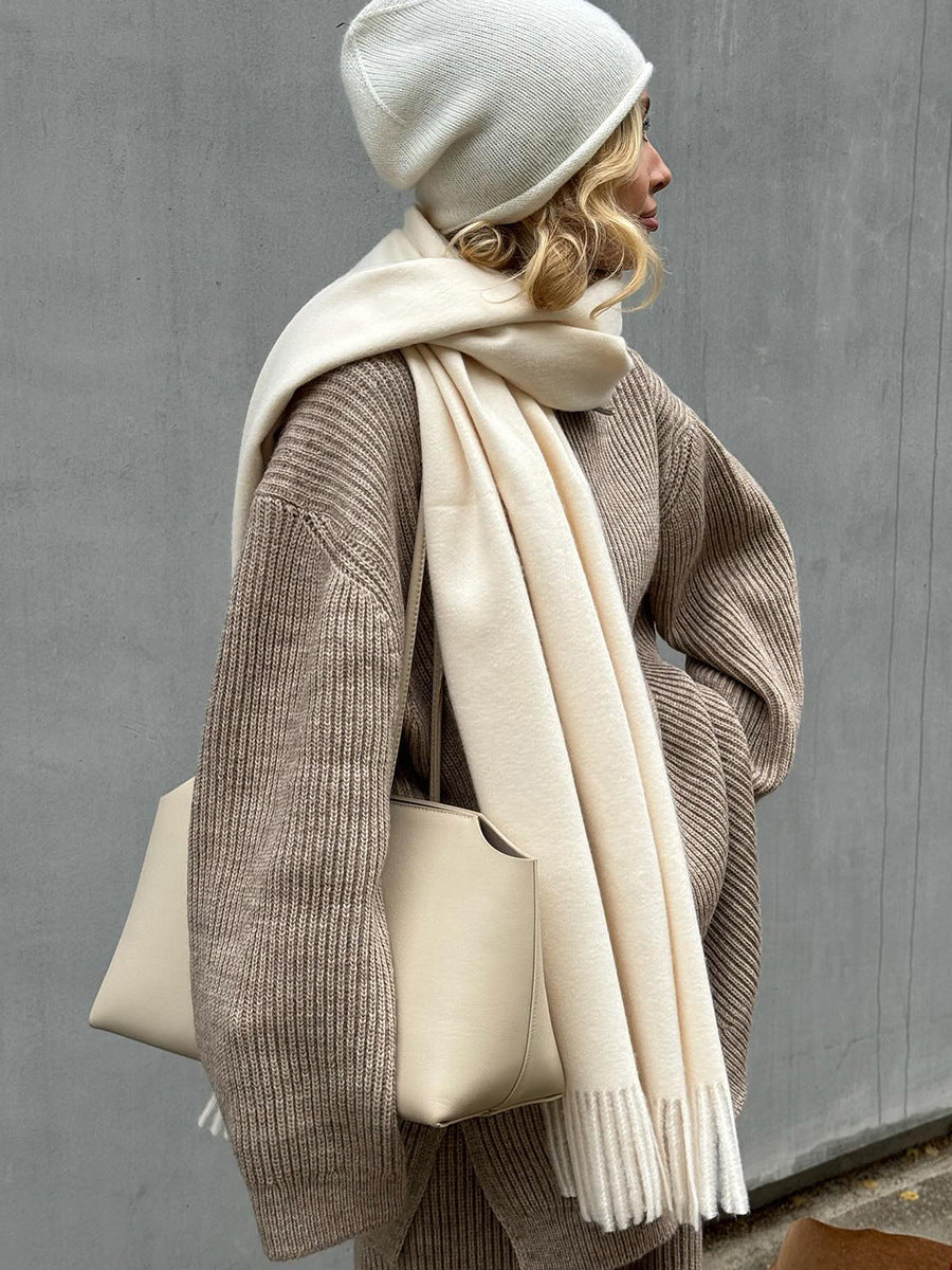Khaki knit 2 piece set with half zip sweater and wide leg pants outdoors