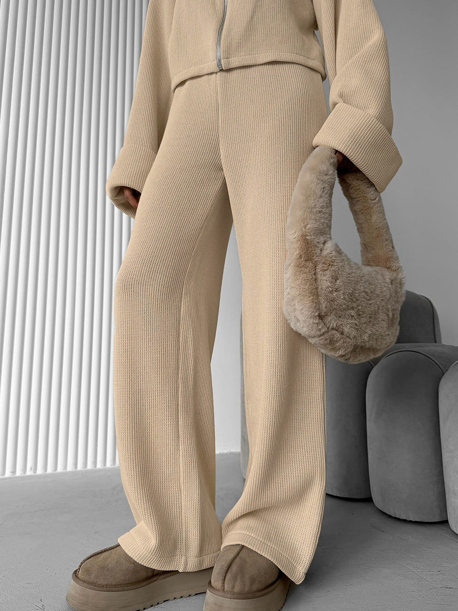 Cozy khaki knit lounge set with oversized ribbed sleeves