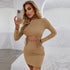Khaki long sleeve mini dress with crewneck and waist hollow-out ties shown in front mirror pose.