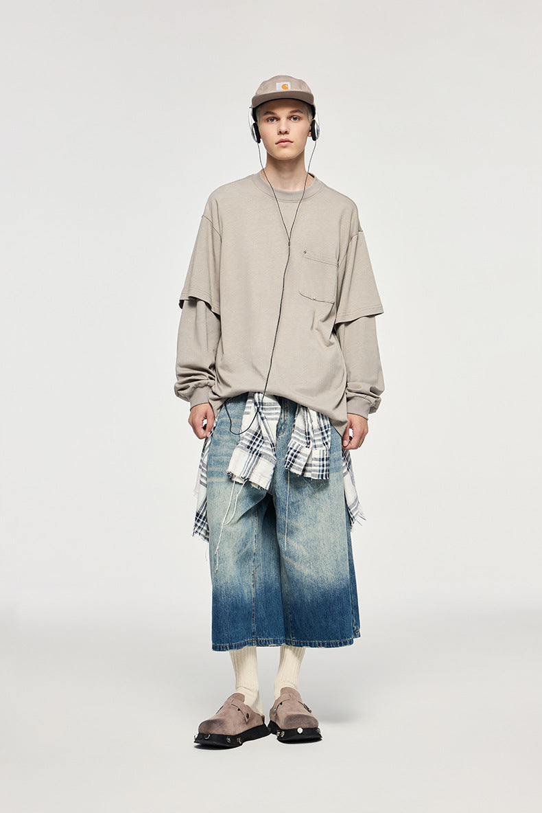 Khaki oversized long sleeve t-shirt for men styled with denim