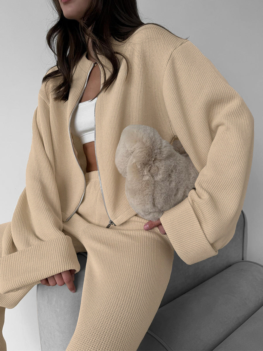 Side view of khaki knit lounge set with oversized sleeves