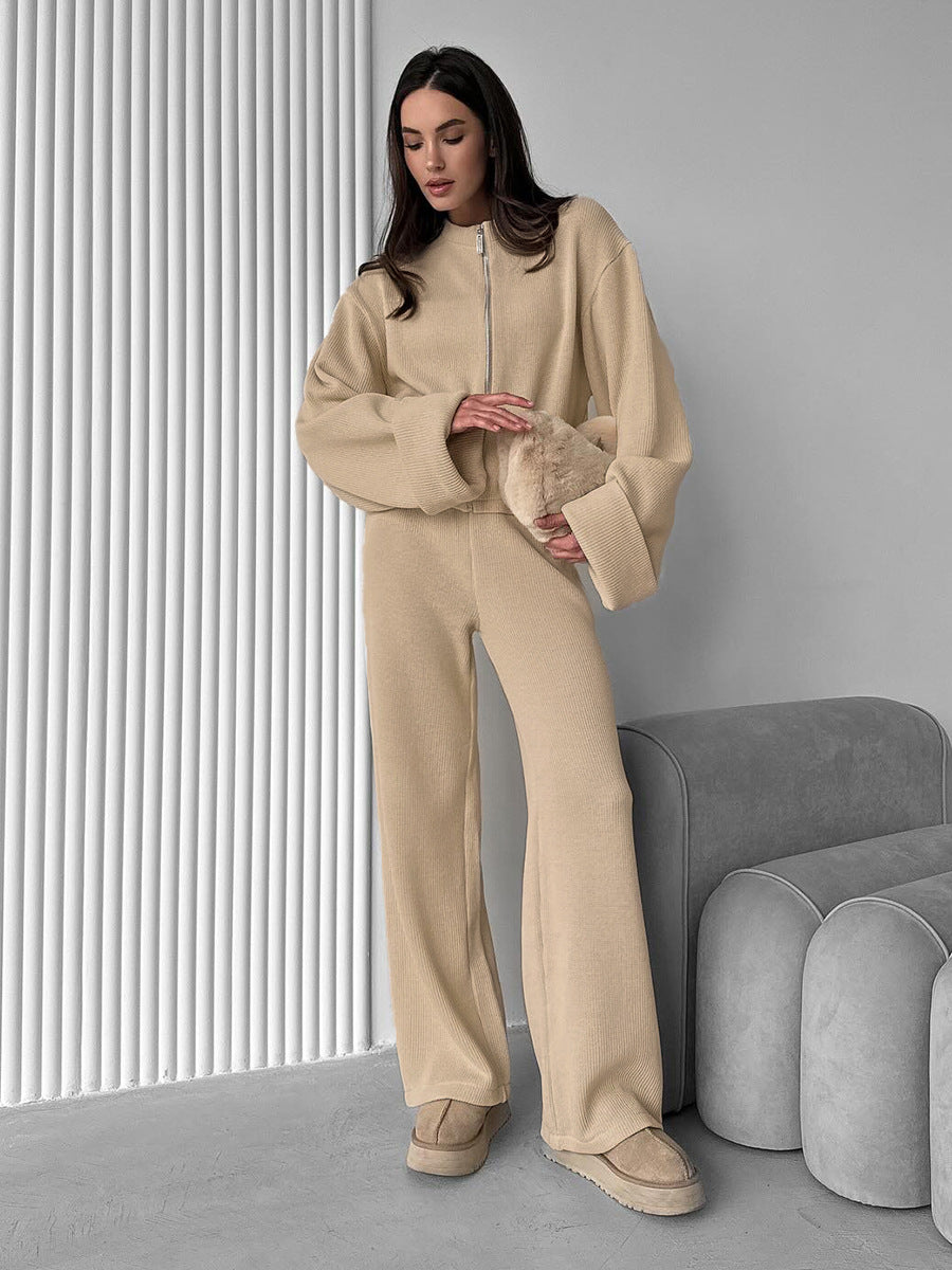 Khaki knit lounge set with oversized zip jacket