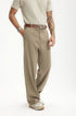 Close-up of khaki mens dress pants front fit and belt detail