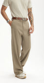 Close-up of khaki mens dress pants front fit and belt detail