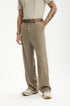Side view of khaki mens dress pants showing straight leg drape