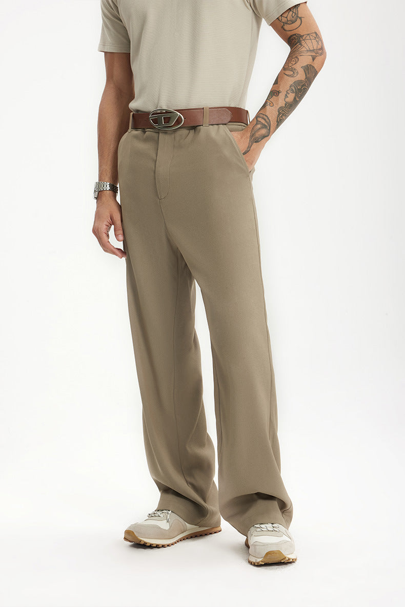 Side view of khaki mens dress pants showing straight leg drape