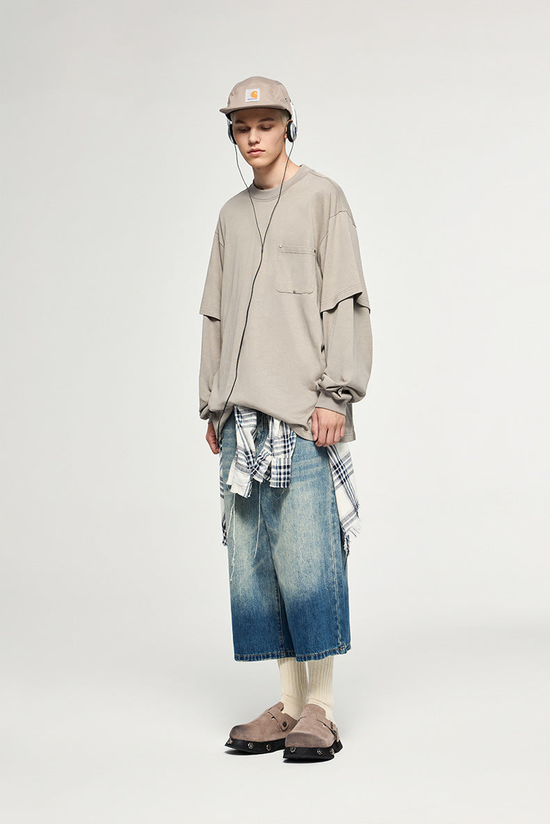 Khaki oversized long sleeve pocket t-shirt men casual style