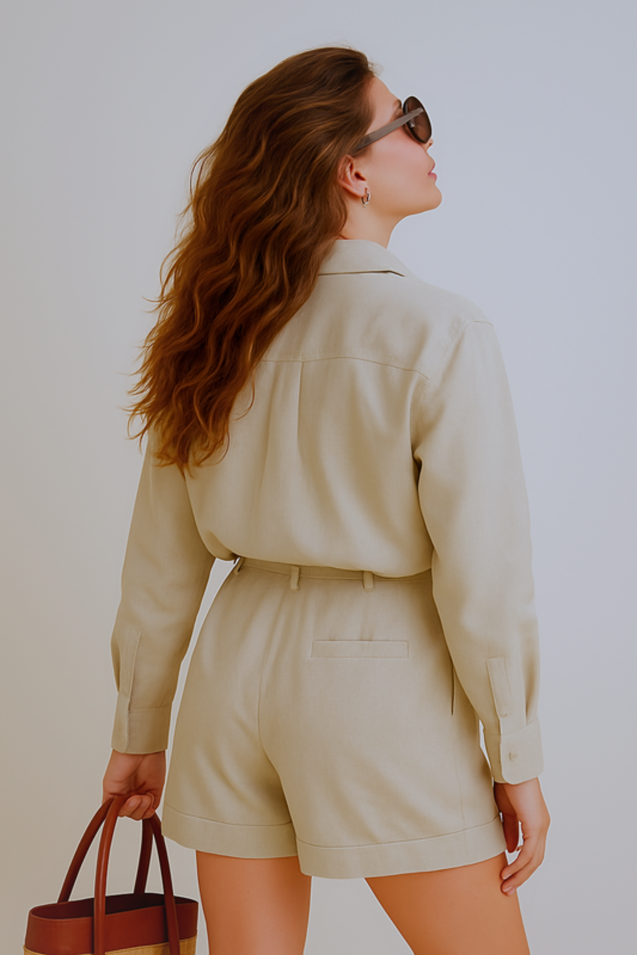 Back of woman wearing a khaki summer set with sunglasses and a handbag against a beige background