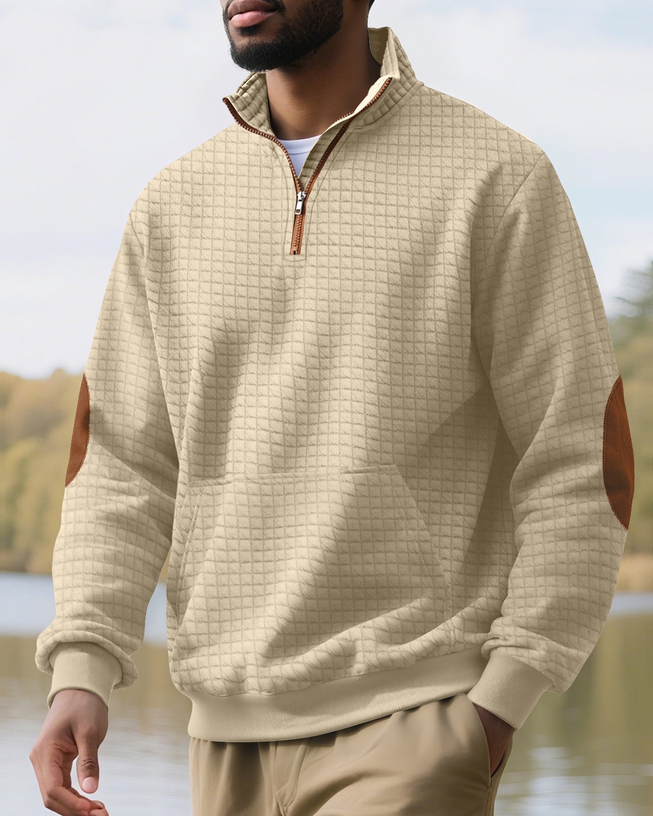 khaki sweatshirt with zip for men front outdoor view near water