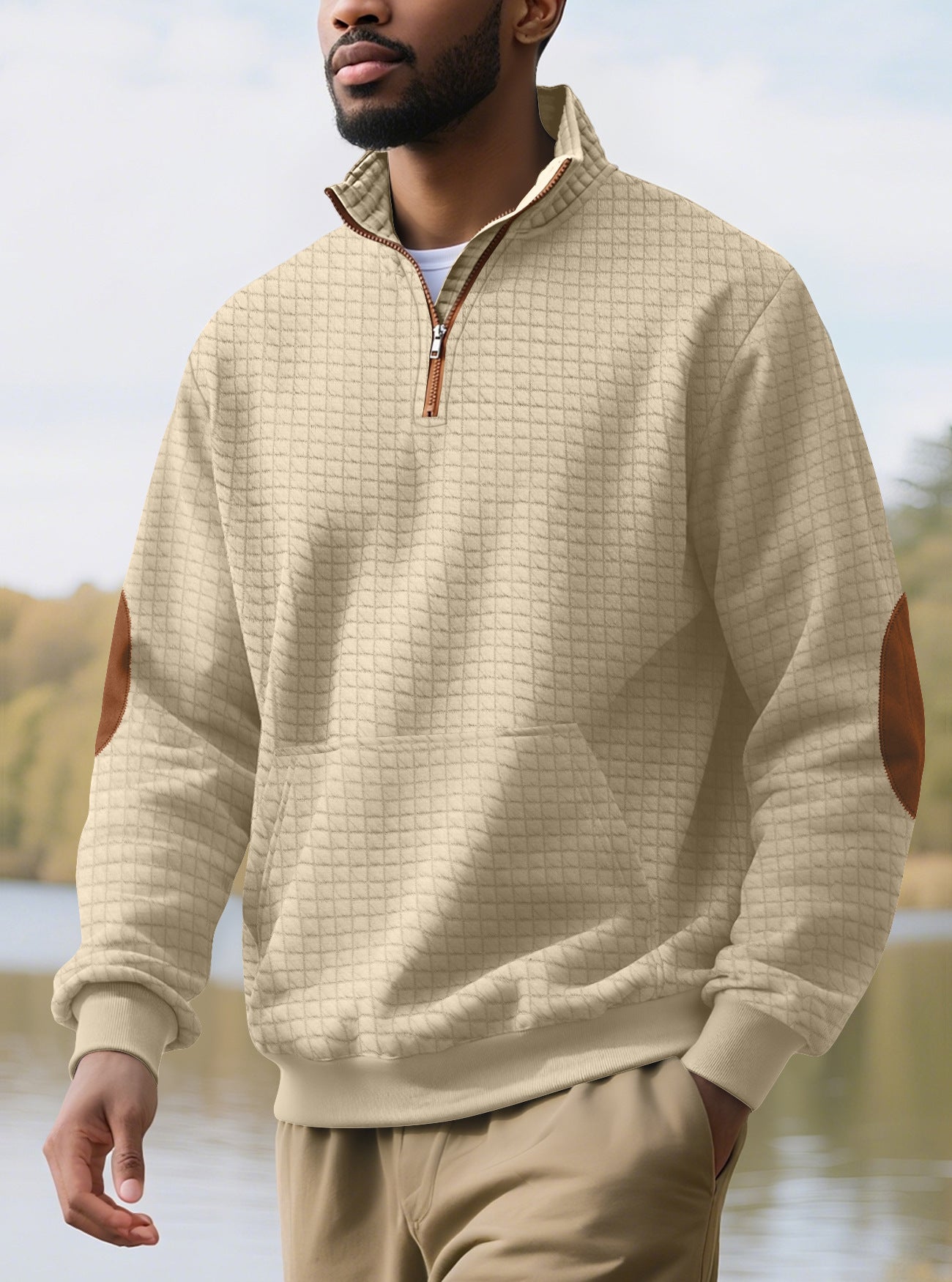 khaki sweatshirt with zip for men front outdoor view near water