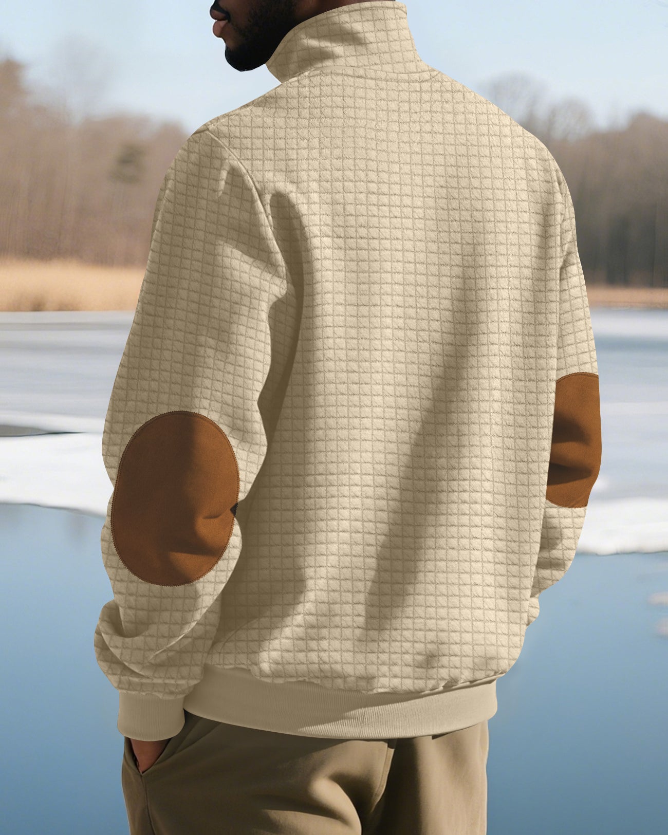 khaki sweatshirt with zip for men angled side view outdoors