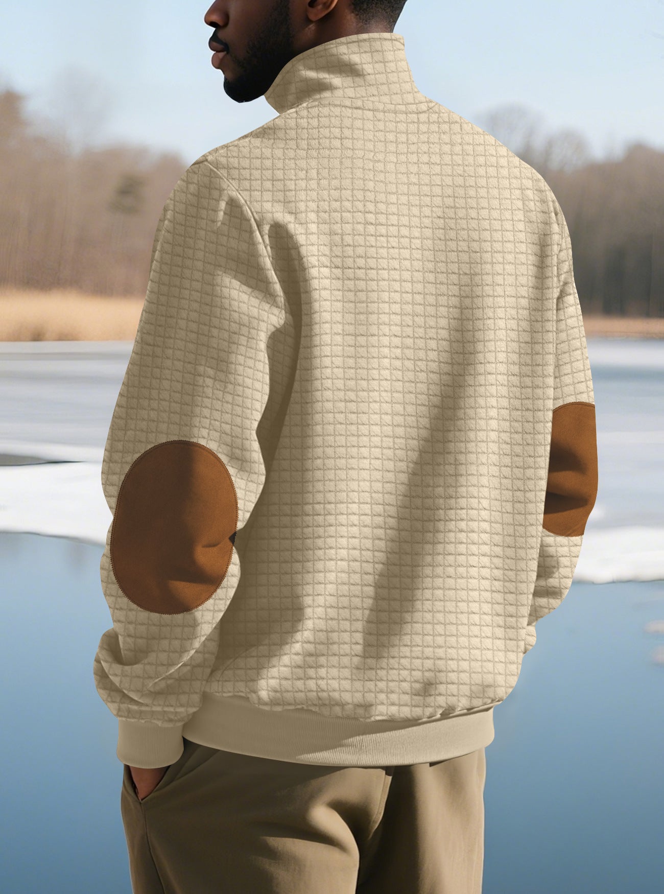 khaki sweatshirt with zip for men angled side view outdoors