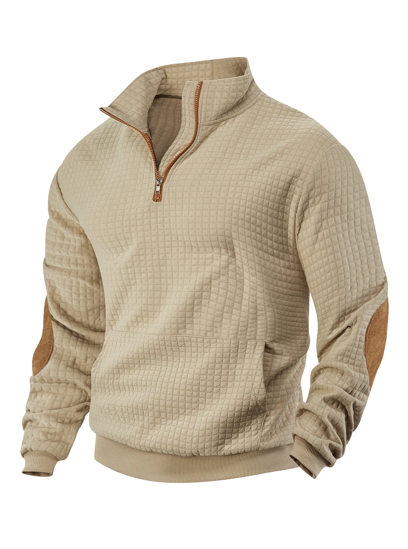 khaki men’s sweatshirt with zip displayed front on white background