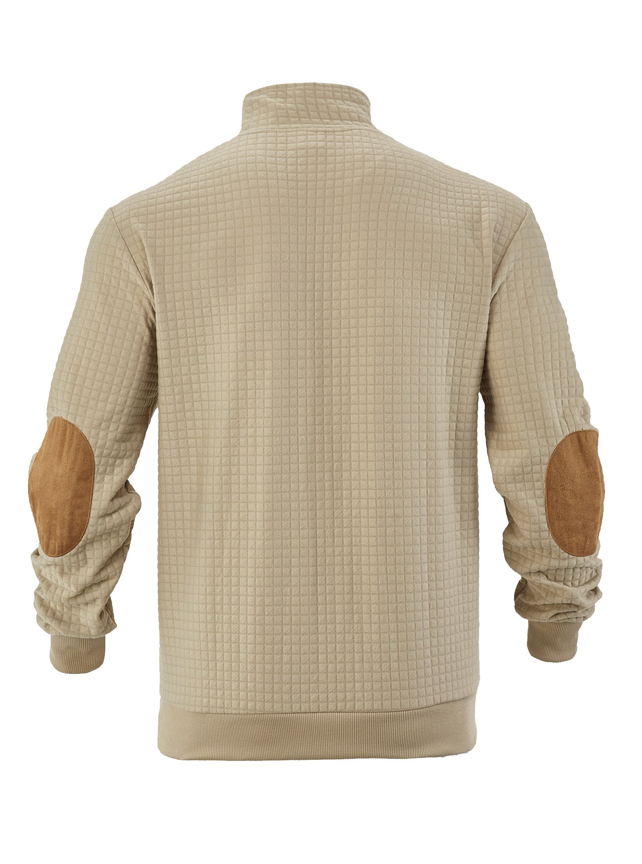 khaki sweatshirt with zip for men back view with elbow patches