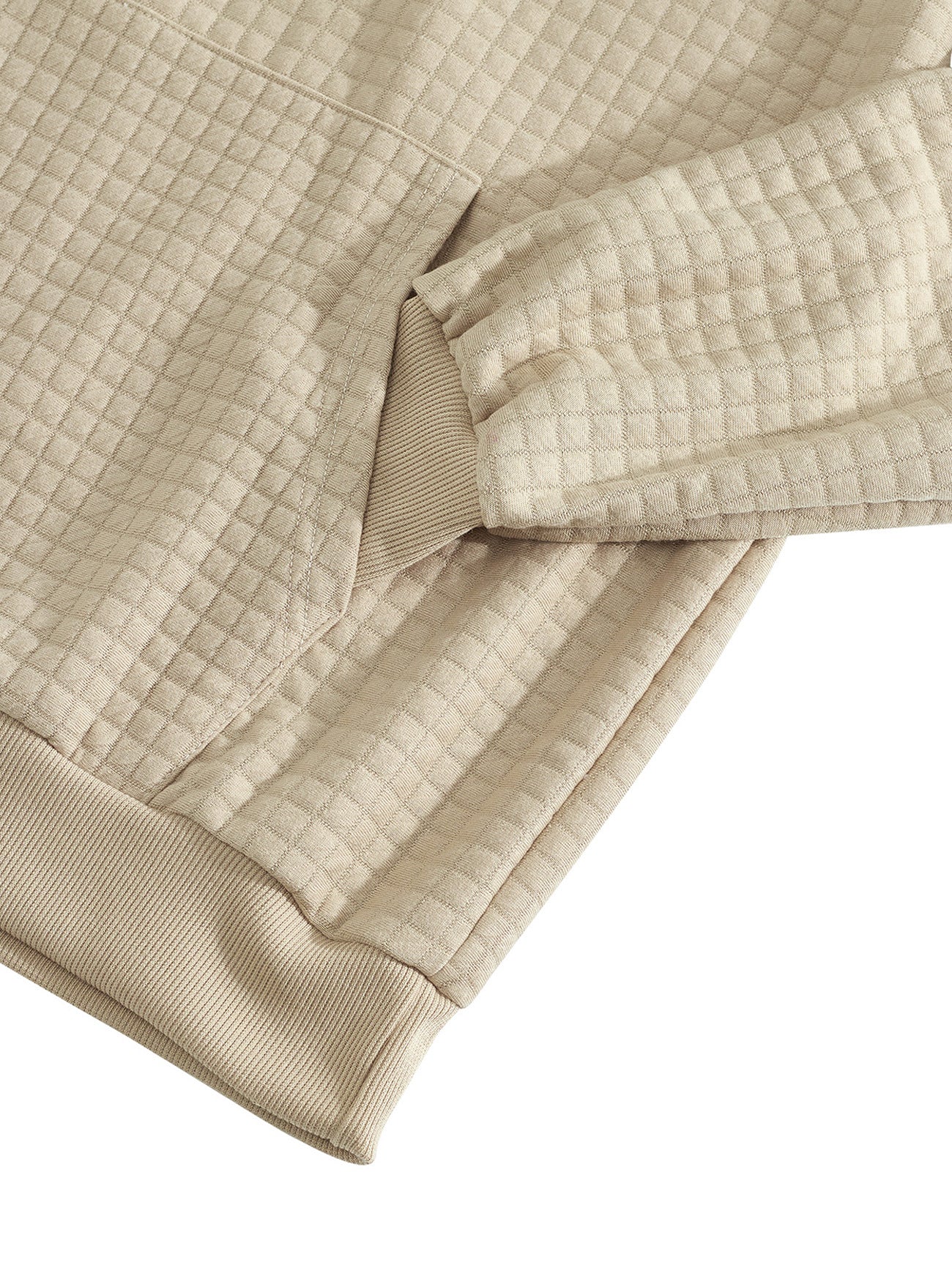 khaki sweatshirt shoulder seam close-up with jacquard pattern