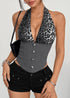 Front view of halter corset top with silver leopard print and five front buttons.