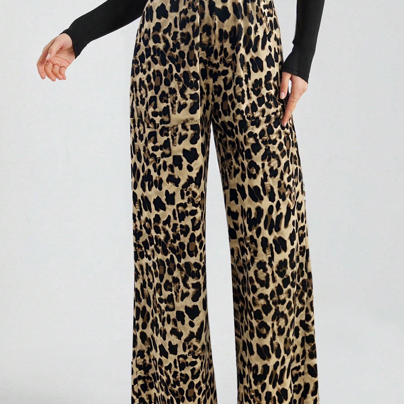 leopard print wide leg pants full body streetwear look